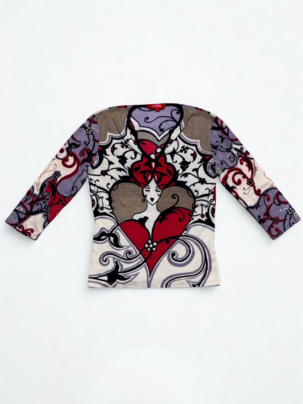 Vtg Y2K Noun Paris Swirling Abstract Graphic Print Fitted Euro Top Size S